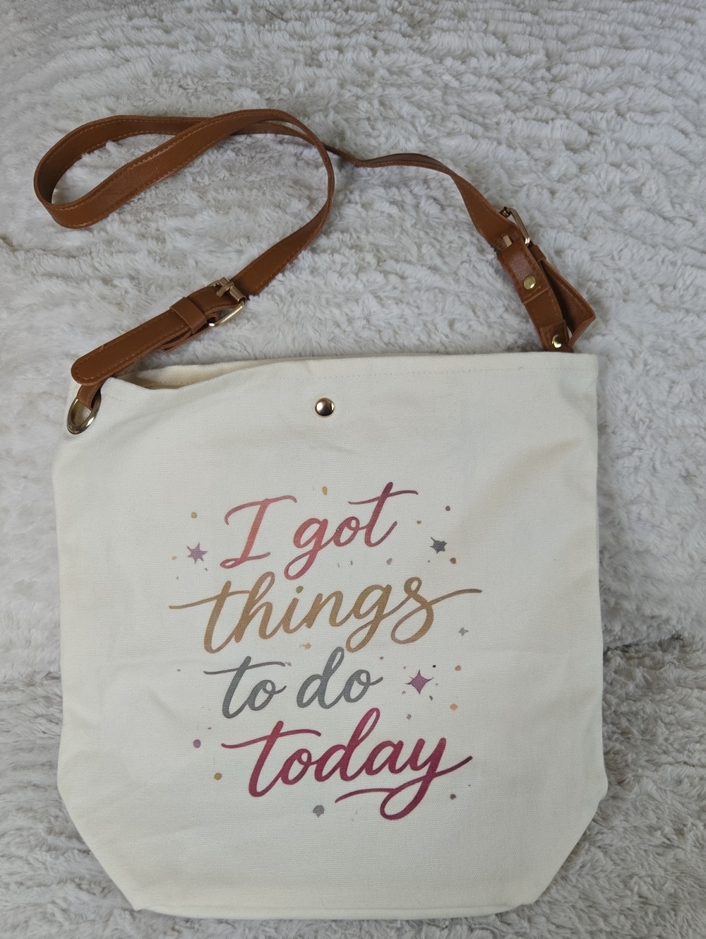 Canvas Crossbody Bag with 'I Got Things To Do Today' Print - Cream/Tan New